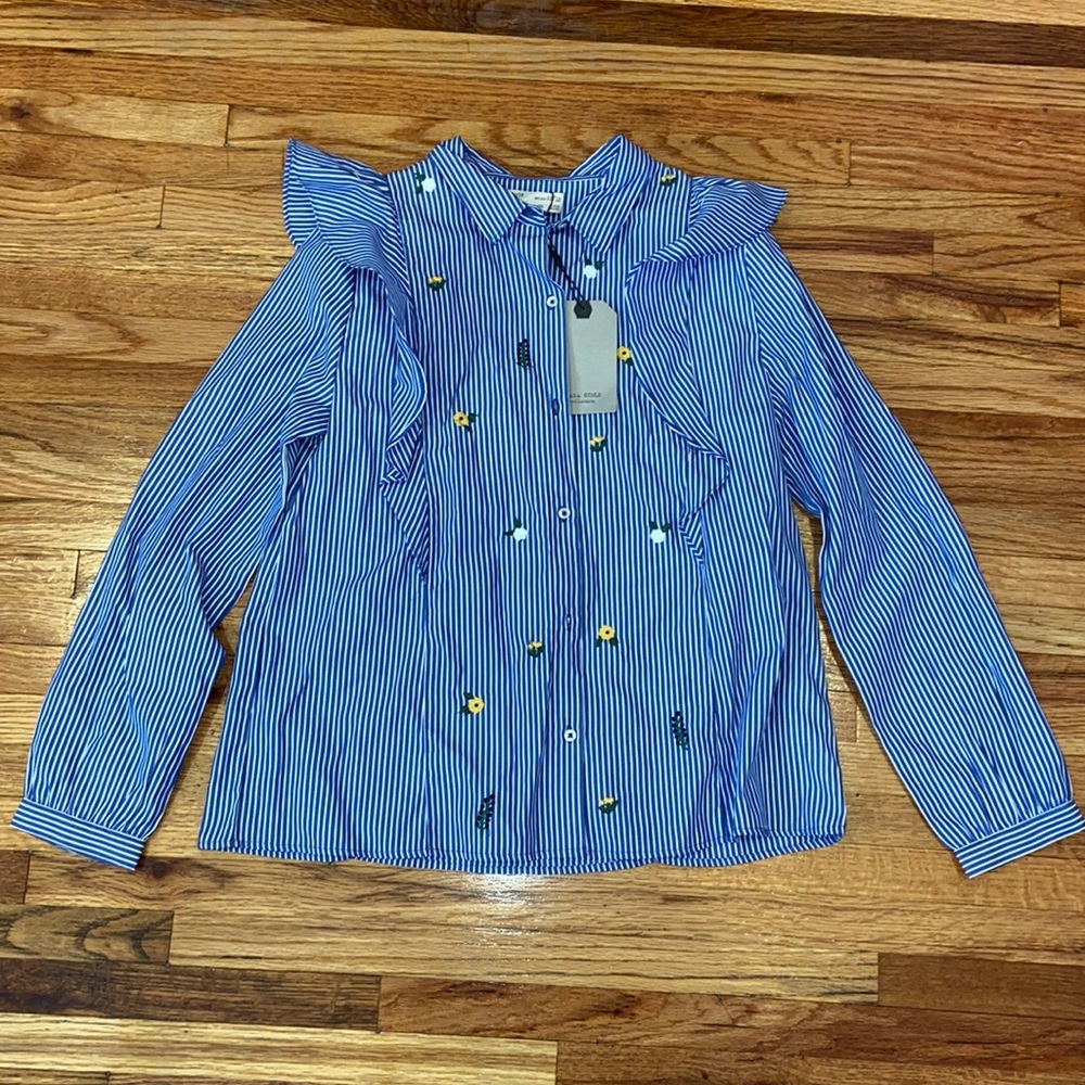ZARA GIRLS striped collared dress shirt with floral design and ruffles